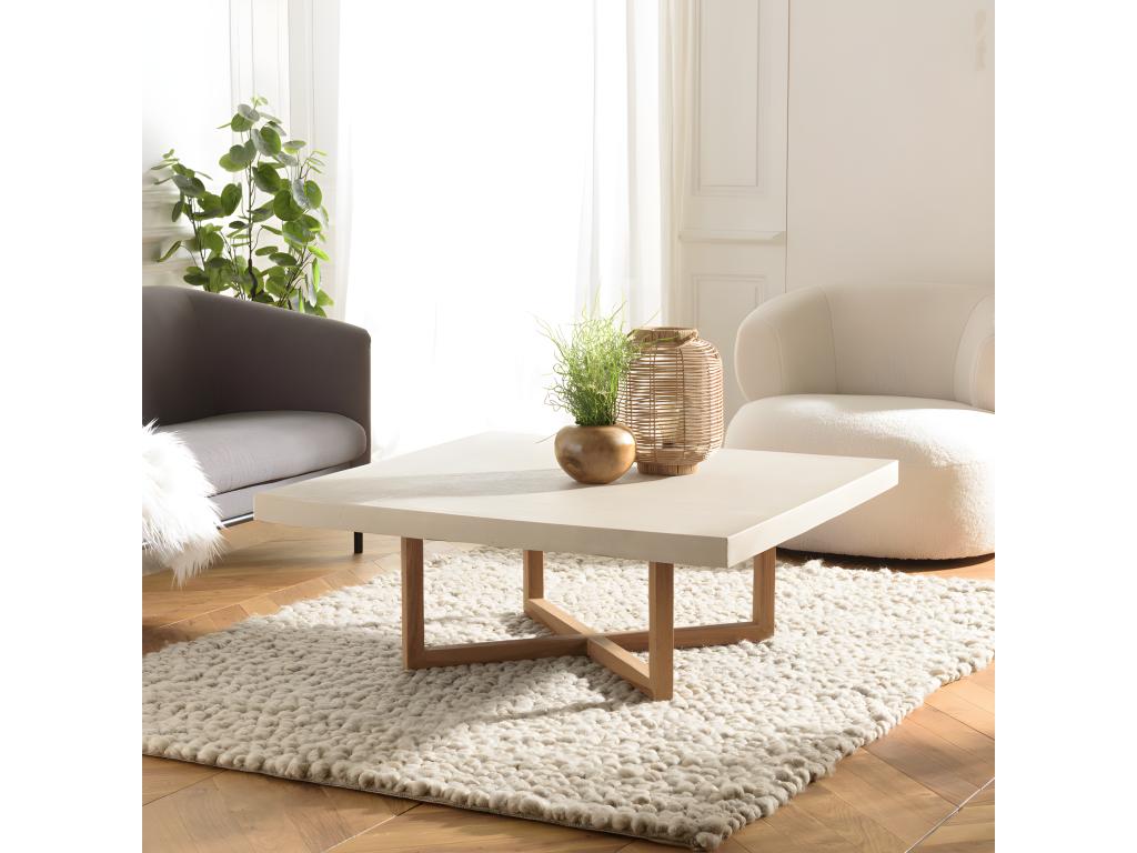 Homzora - Square coffee table 107x107cm in beige concrete with teak crossed legs