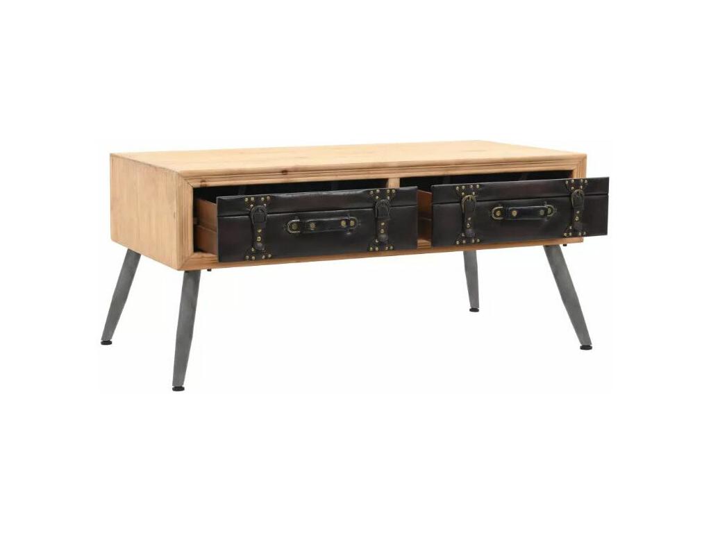 Rectangular coffee table with 2 drawers, light solid pine and faux leather, Stylie