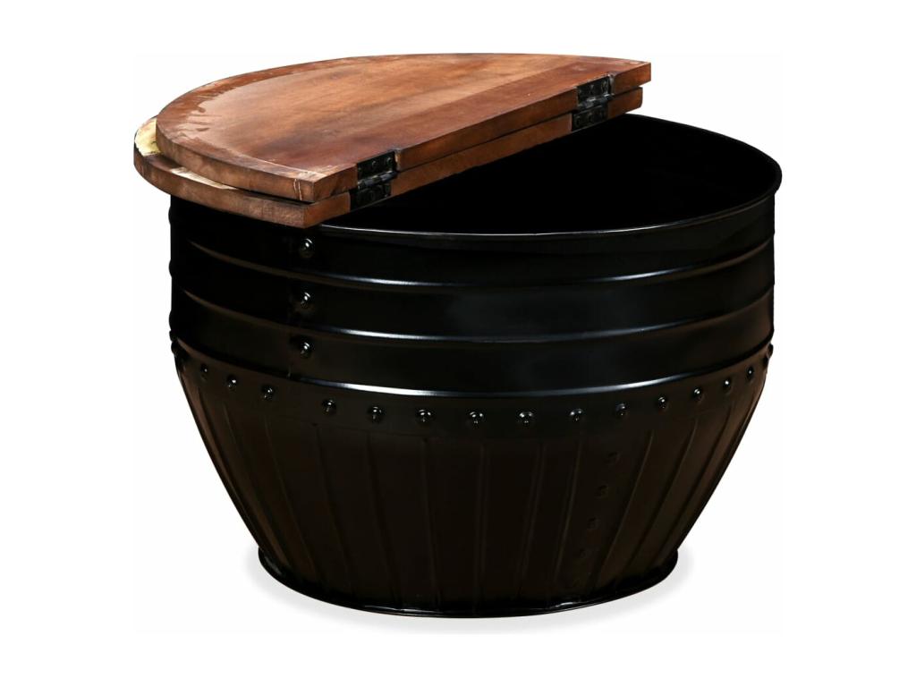 Coffee table, solid reclaimed wood, barrel shape, black