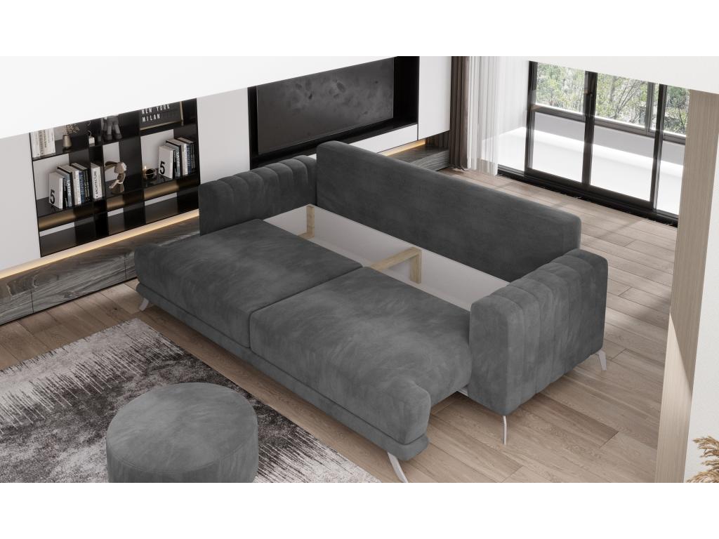 Doucezen 250cm 3-4 seater designer convertible sofa in dark blue fabric with chrome steel legs
