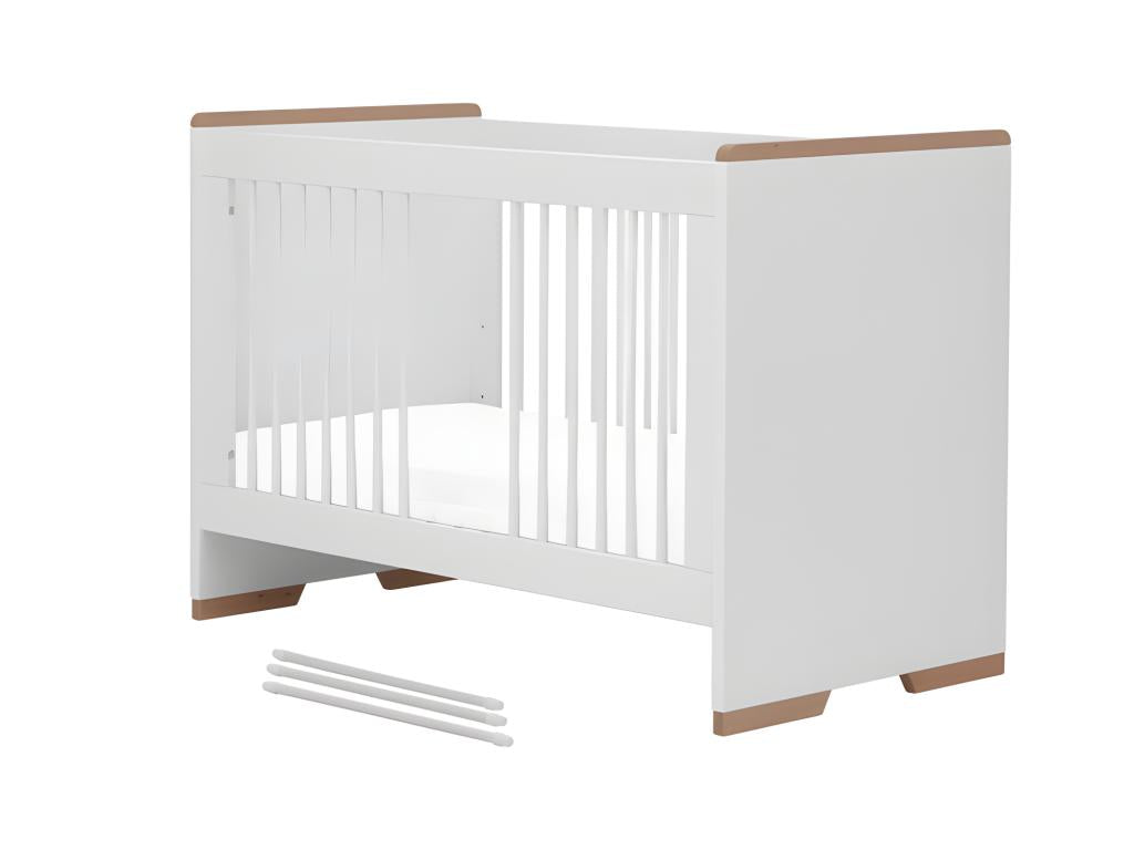 Complete bedroom set including baby cot, changing table, and wardrobe by Doucezen in white and wood.