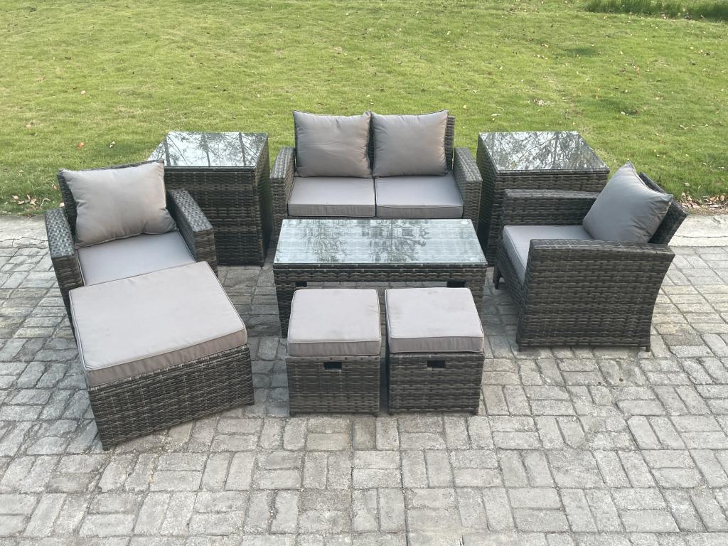 9-Piece Outdoor Garden Furniture Set with Rectangular Coffee Table, Chair, and 3 Stools