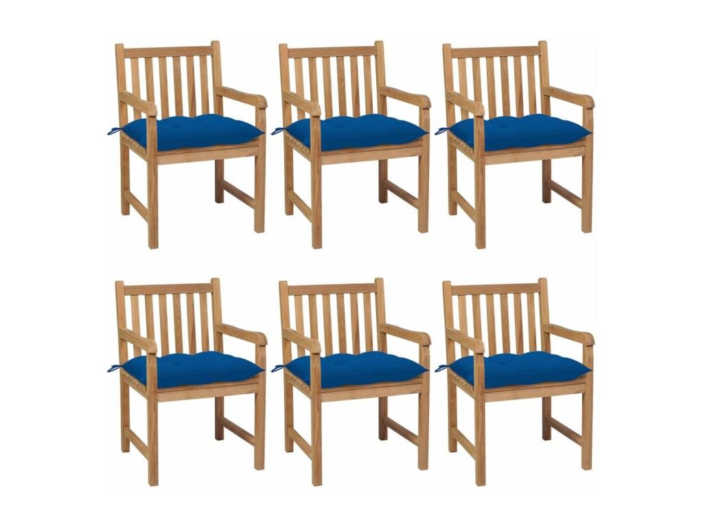 6-piece garden chair set with blue cushions, solid teak wood